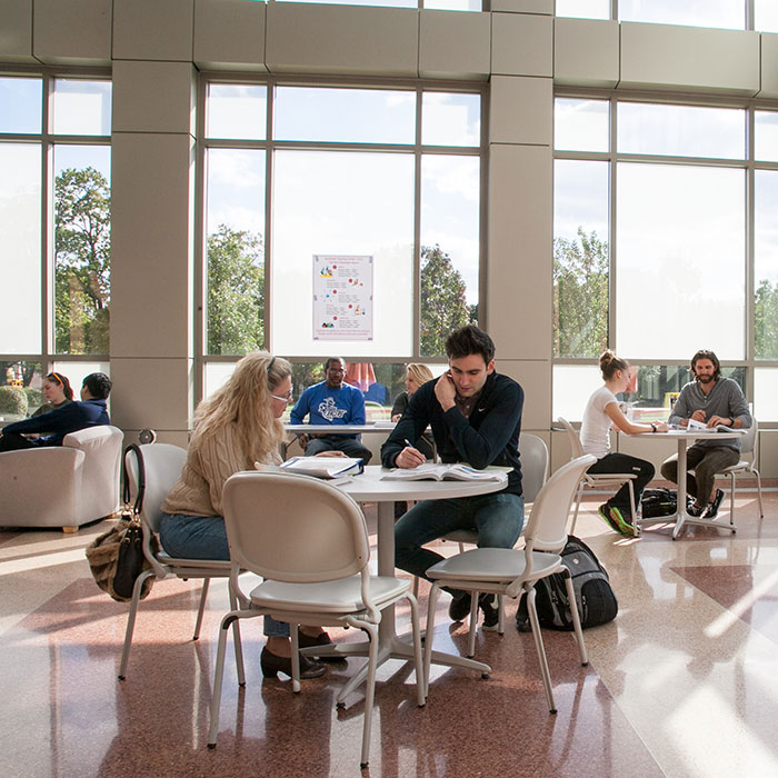 Students studying in the light-filled atrium at Southlake Campus
