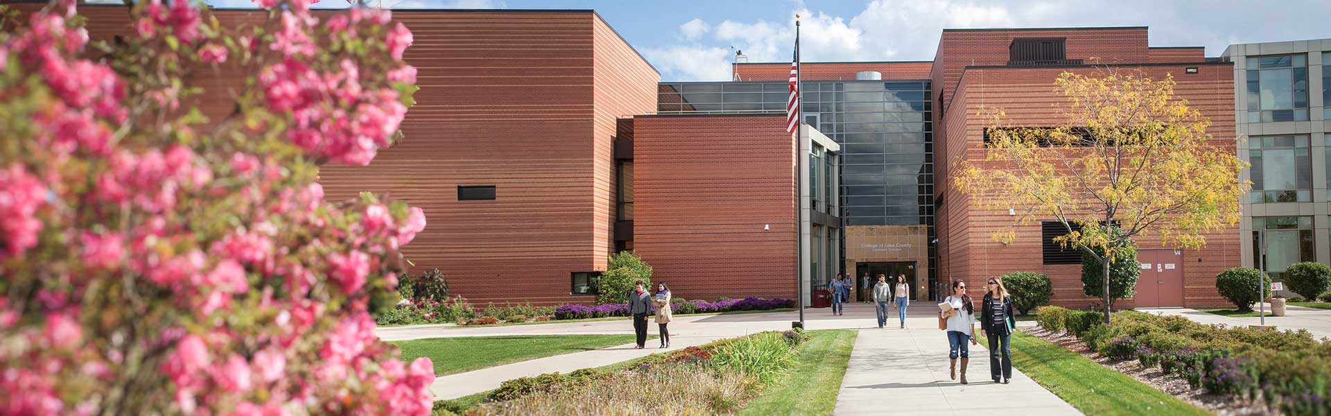 Students exiting Southlake Campus, Veron Hills, IL, on a spring day