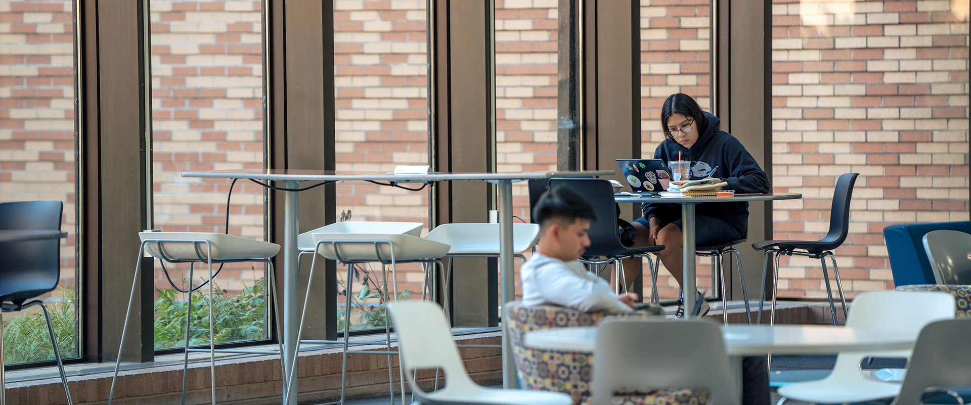 Students studying in a light-filled atrium with tall windows