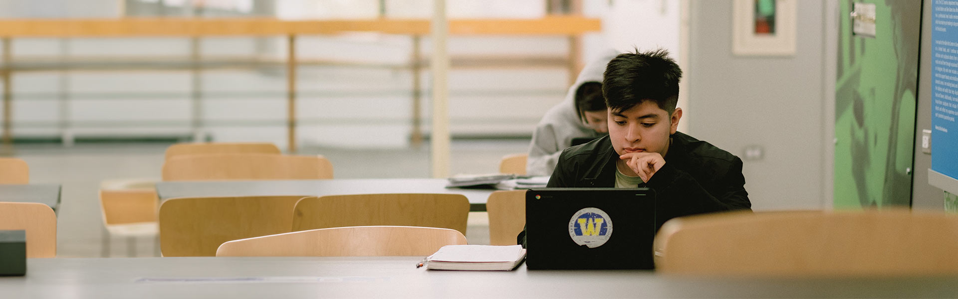 A student in a library sitting at a table looking at their computer