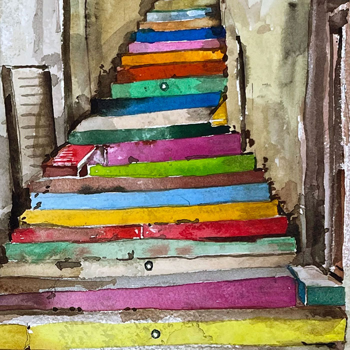 Colorful watercolor painting of ascending narrow stairs between buildings
